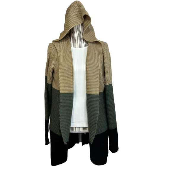 Cozy Chunky Color-block Hooded Sweater Cardigan Black Tan Foresst Green XL - Picture 3 of 7